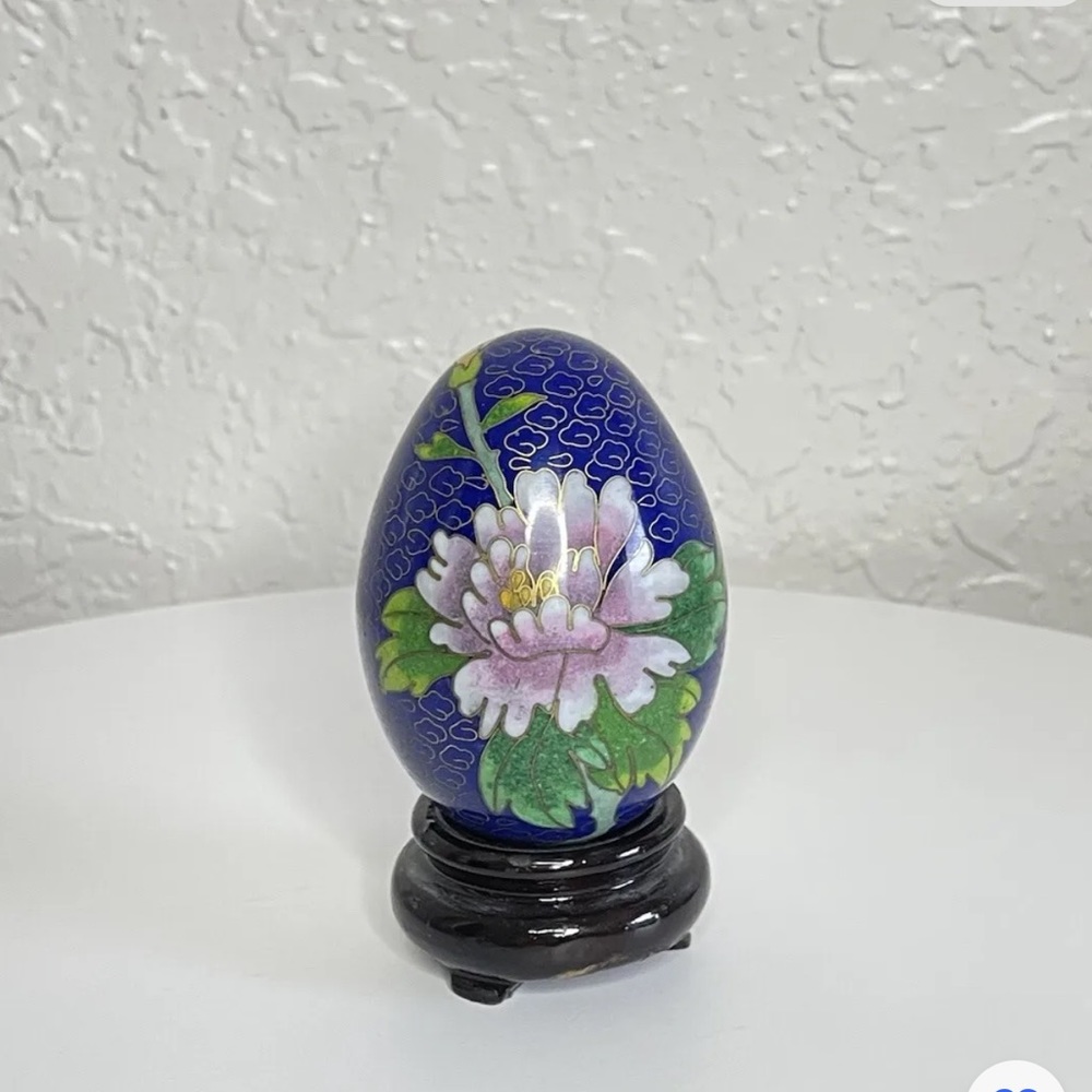 Vintage Cloisonné Egg On Wood Pedestal Floral Enamel w/Brass